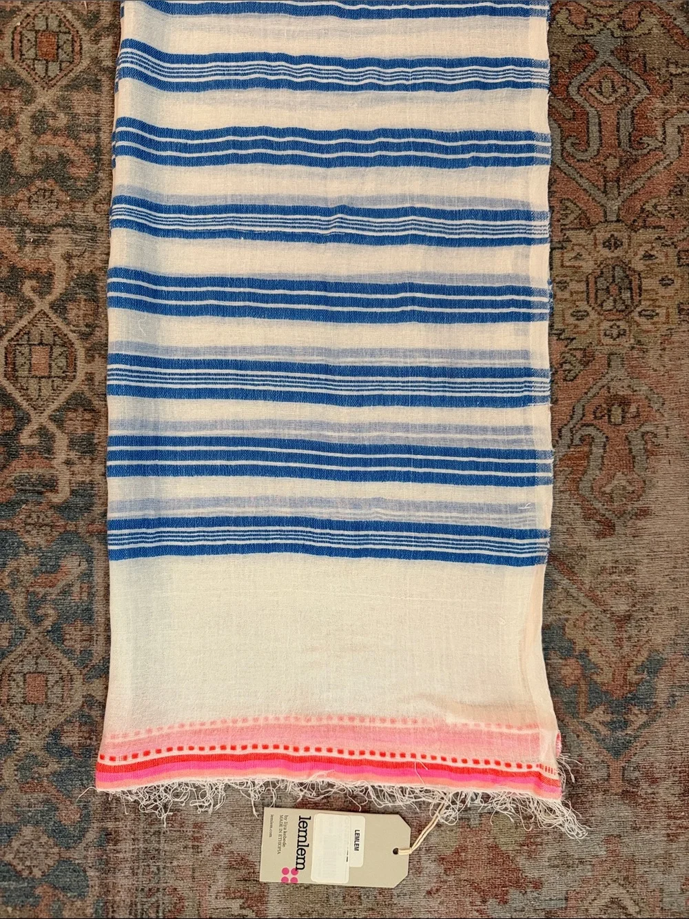LEMLEM Blue and Pink Striped Cotton Throw Scarf with Fringe - NWT!